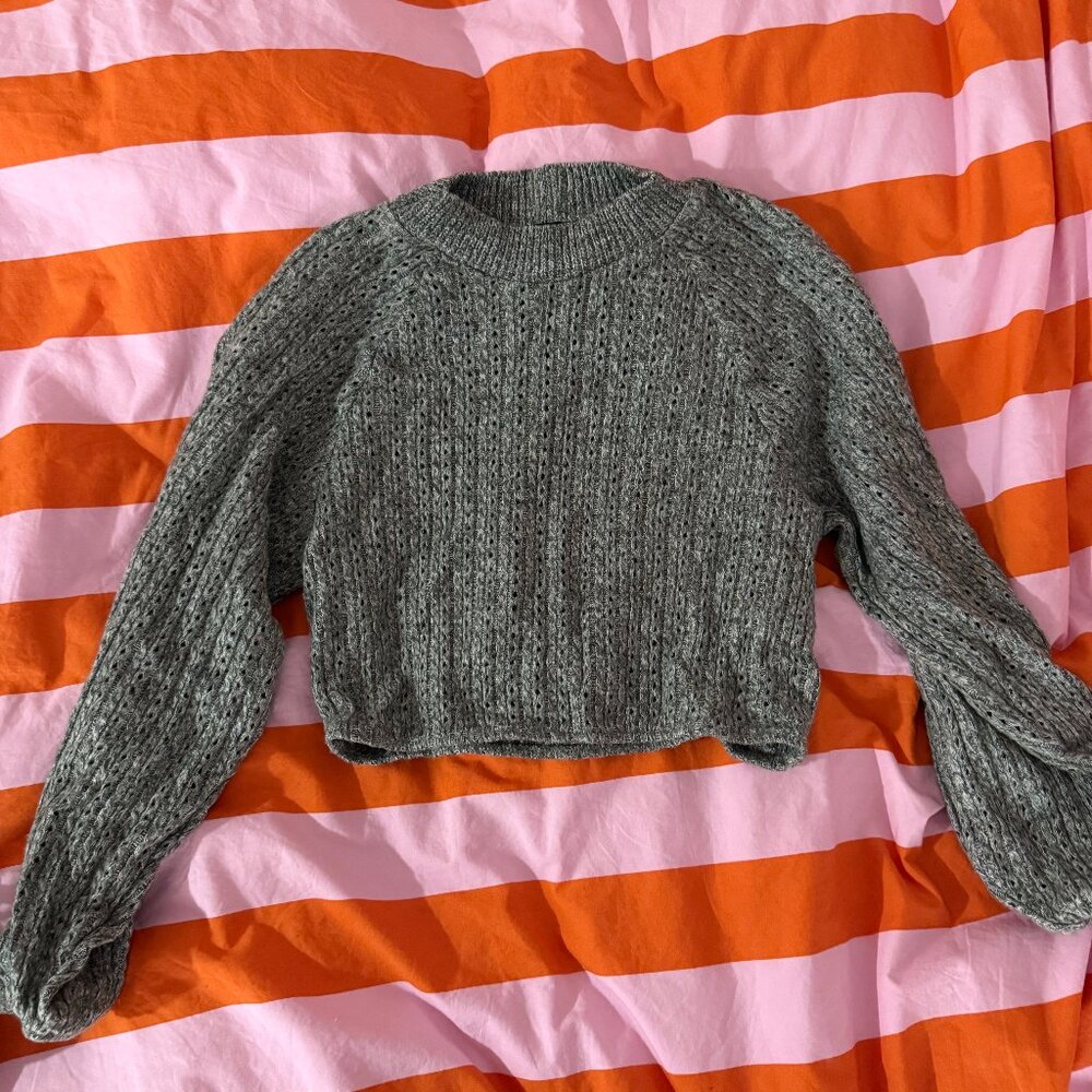 Grey Knitted Cropped Cuffed Sweater